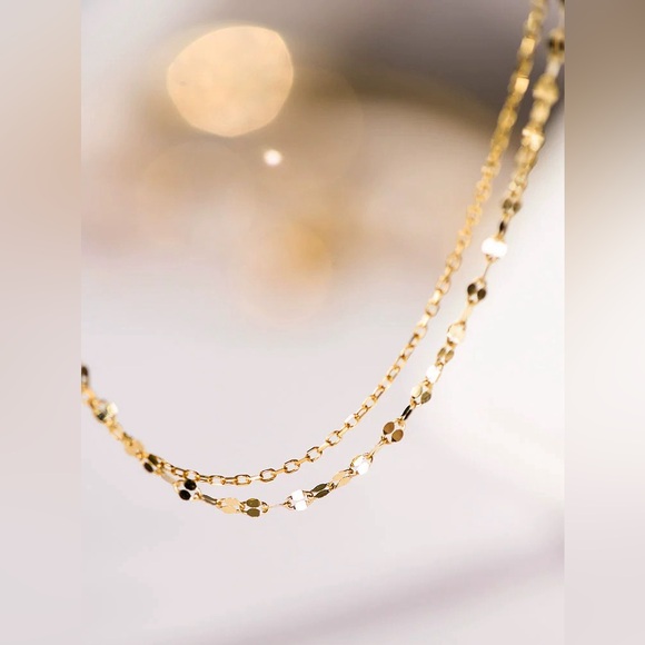 18K Yellow Gold Dainty Double Layered Chain Necklace - Picture 5 of 12